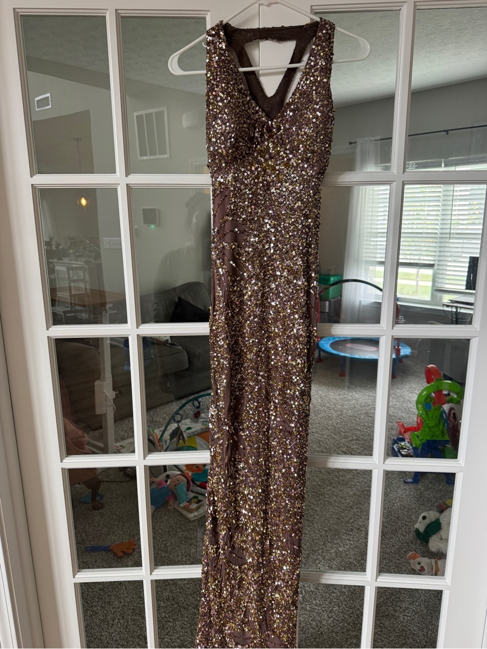 Adrianna Papell Brown Sequin V-Neck Evening Gown